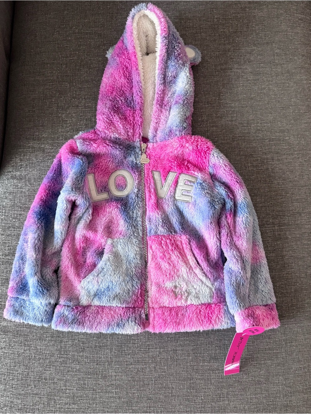 4T Betsey Johnson Plush Hooded Jacket - Pink & Purple Tie-Dye "LOVE"